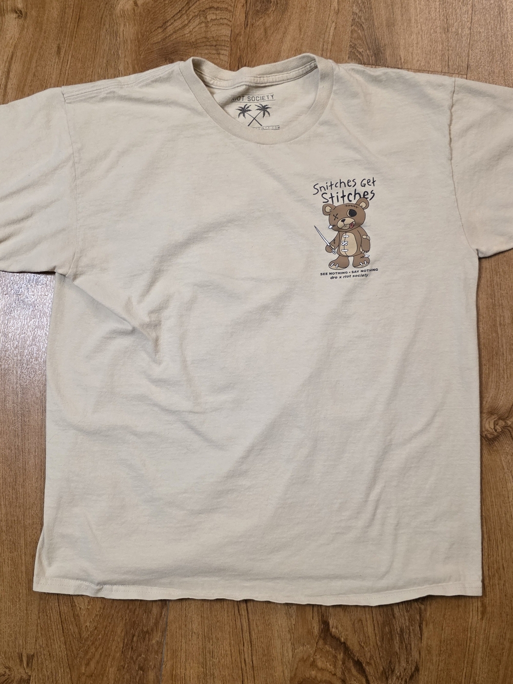 dro x Riot Society Snitches Get Stitches Biege Graphic T Shirt